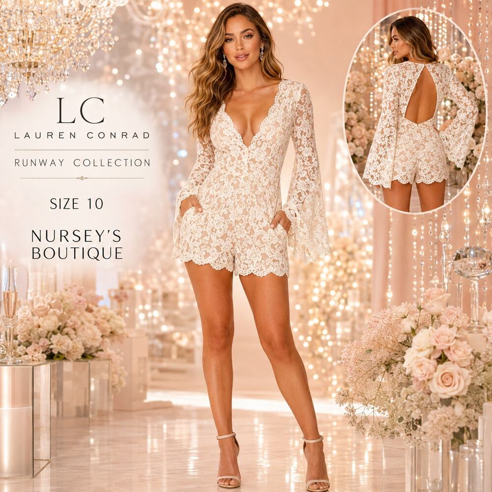 LC Lauren Conrad Runway Ivory Lace Open Back Romper Size 10 Limited